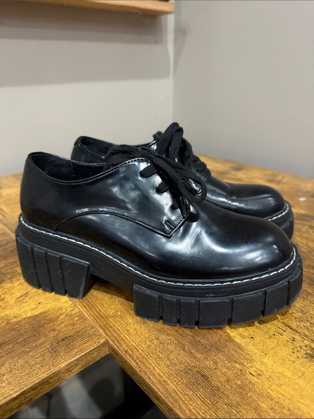 Steve Madden Black Patent Chunky Lace-Up Platform Shoes